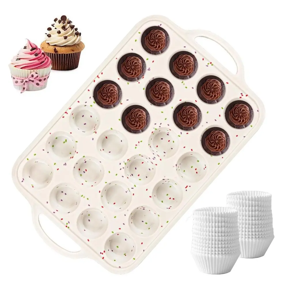 Mini Cupcake Pans, Metal Reinforced Frame Silicone Mini Muffin Pan Nonstick 24 Cups Easy to Handle for Baking Muffins, Cupcakes, Egg Bites, Come with 200 Muffin Liners