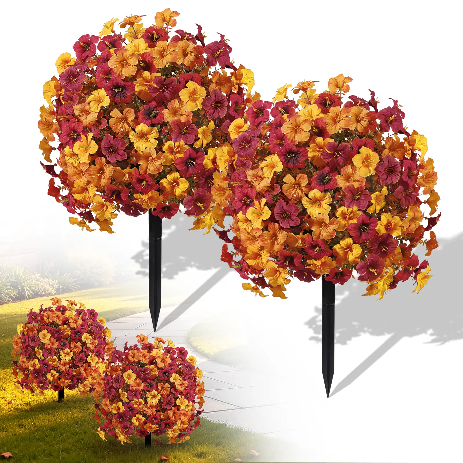 SHareconn UV-Resistant Faux Silk Asian Morning Glory Hanging Fake Fall Flowers & Brown Orange Decorative Fruit Ornaments, Flared Artificial Plants for Balcony, Garage Outdoor Home Porch All-Seasons Decoration