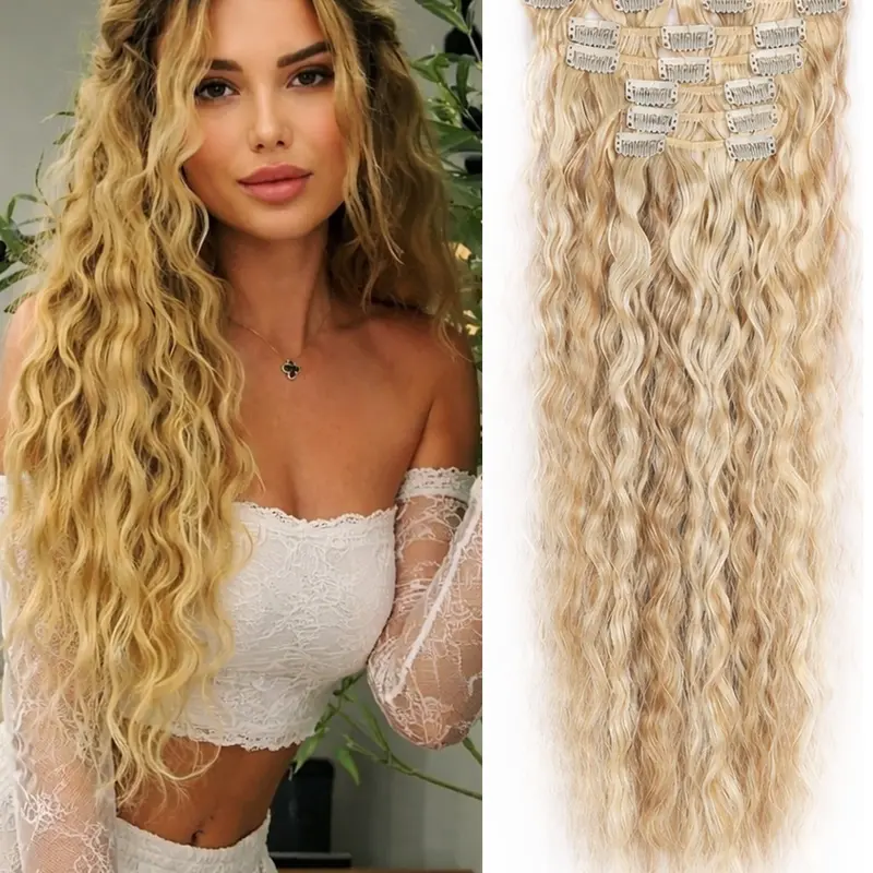 Clip in Hair Extensions, 6PCS Hair Extensions 24" Synthetic Fiber Extensions Long Curly Wavy Blonde Highlights hair extensions Natural Thick Deep Wave Hairpieces Artificial Hair Extension Hair Extensions Clip Ins