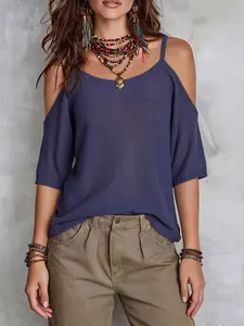 Boho One-Shoulder Knit Top for Women, Summer Autumn Blue Sheer Sleeveless Sweater, Casual Party, Soft Breathable Mesh Knitwear