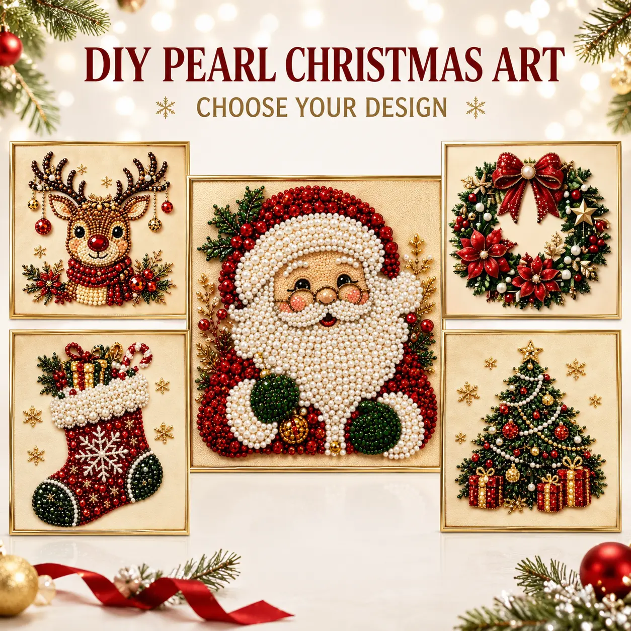 Frameless 3D Beaded Christmas Pearl Diamond Painting, Xmas Wreath & Stocking Mosaic Art, Stress Relief DIY Indoor Leisure Craft, Home Wall Decoration