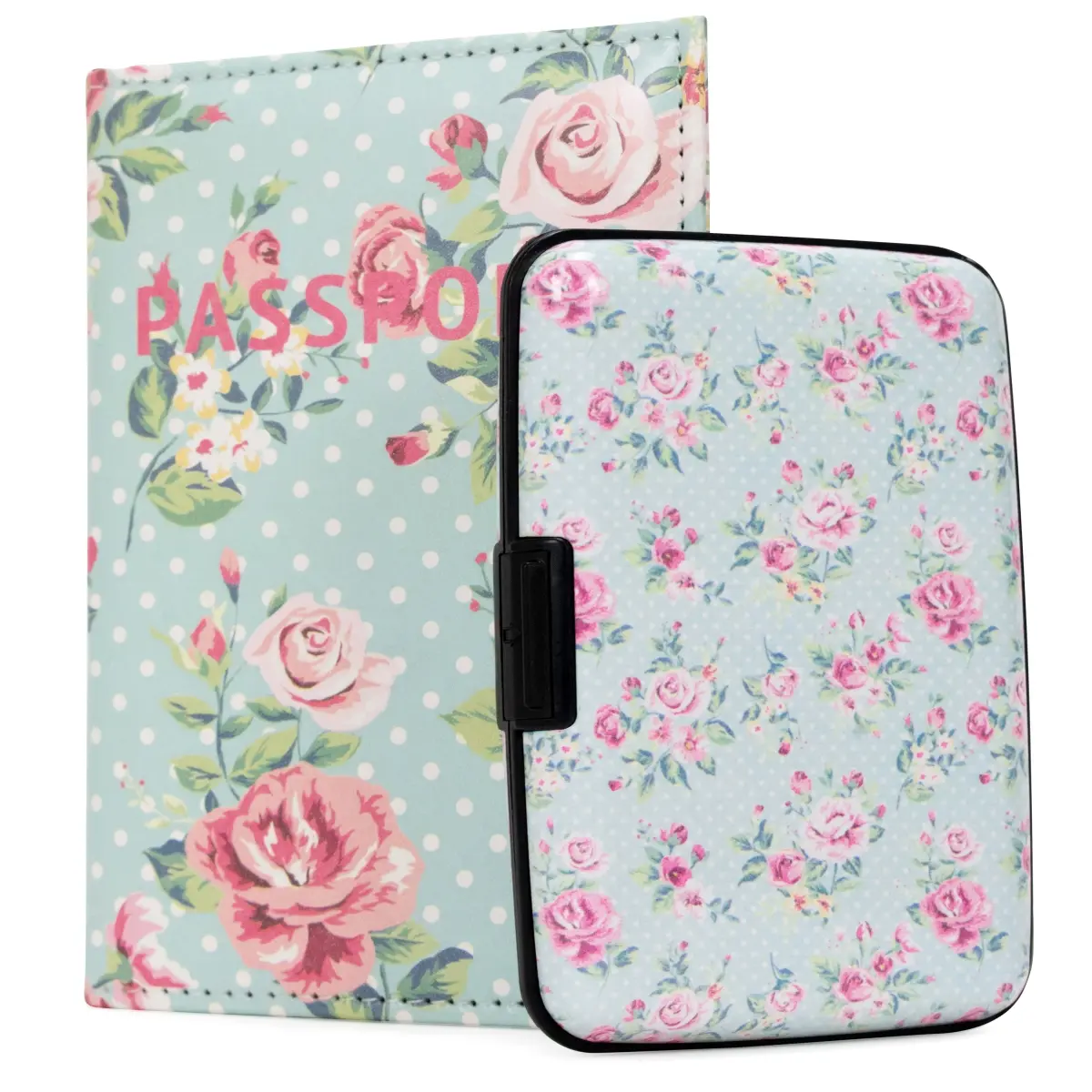 Vintage Roses Design 360 Stand Plastic RFID-Block Wallet and Passport Cover Set - Durable Travel Document Holder, Miami CarryOn Travel Accessory