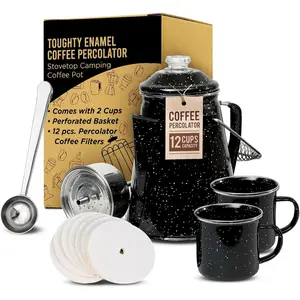 Toughty Enamel Coffee Percolator - Stovetop Coffee Maker  Camping, Open Fire, Grill, or Stove - Vintage Coffee Pot - Durable Old-Fashioned Metal Percolator w/ 2 Cups & 12 Coffee Filters - Black