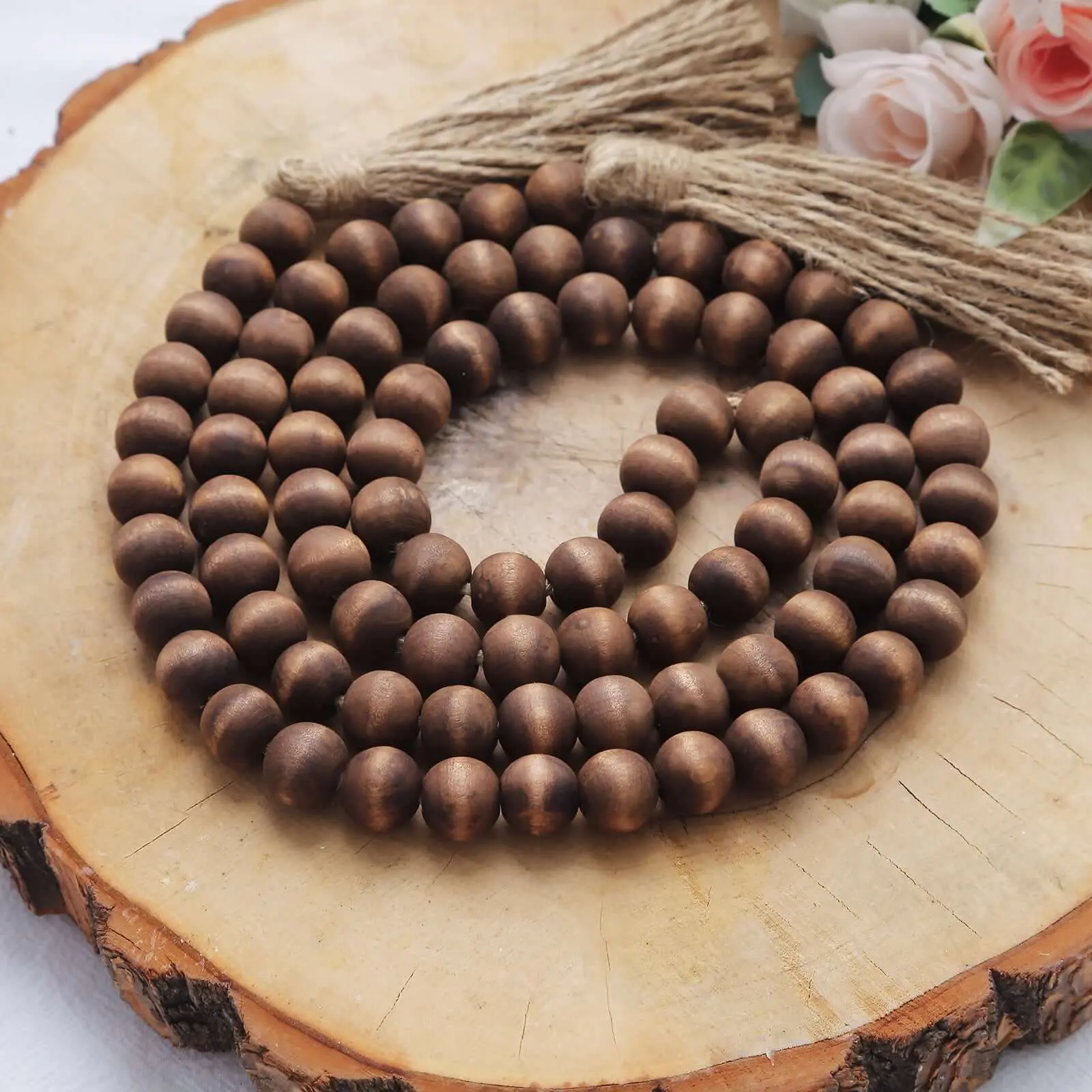 55-Inch Brown Rustic Wooden Bead Garland with Tassels, Boho Farmhouse Country Style Decoration for Birthday, Christmas Home, Festive & Wedding Supplies