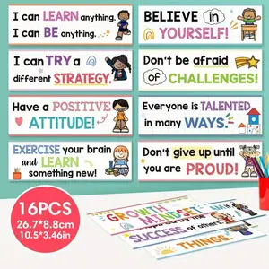 16-Piece Growth Mindset Banner and Poster Set, Essential Educational, Motivational, and Inspirational Tools for Teachers and Students