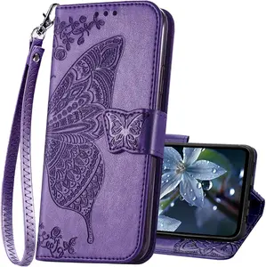 for Galaxy A16 5G Phone Case Wallet,Women Flip Cover with Credit Card Holders Butterfly Embossed PU Leather Stand Wrist Strap Purse Protective Case (Purple)