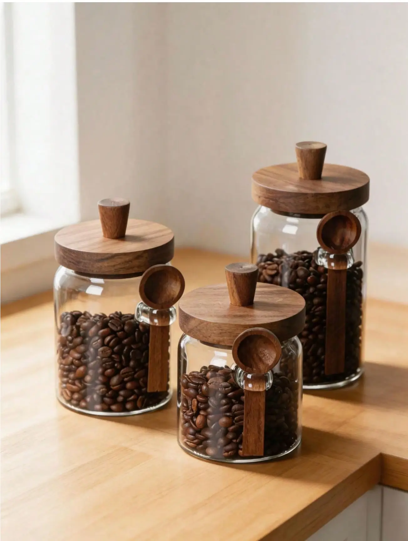 3-Piece Sturdy Glass Sugar Storage Jars Set with Bamboo Lids, Silicone Seals & Utensil Spoons – Glass Canisters, Food Storage Containers for Kitchen Coffee Preservation, Freshness Retention & Countertop Decor