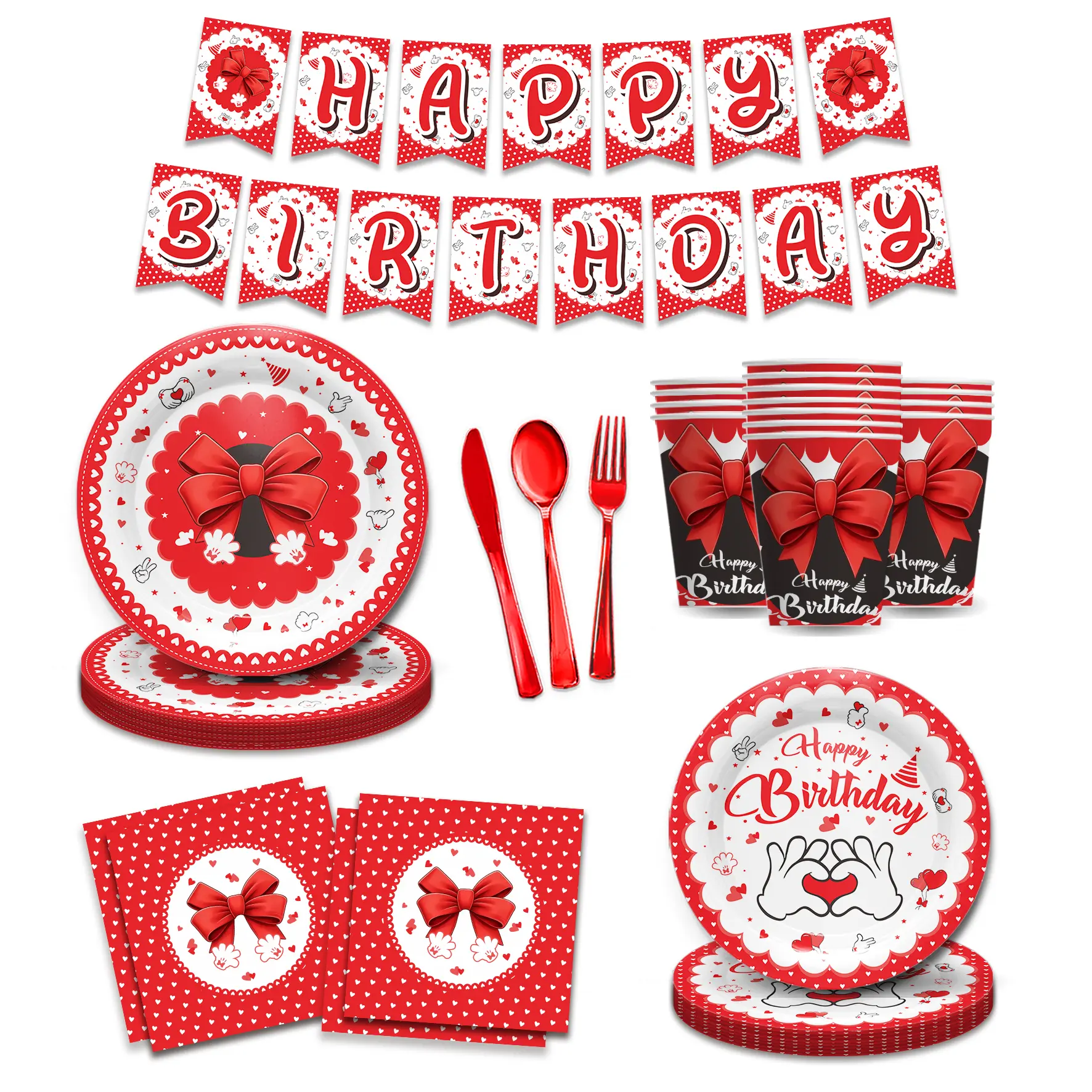 169-Piece Disposable Mouse Theme Happy Birthday Party Pack (24 & Under Guests), Cute Cartoon Mouse with Red Bow - Includes Disposable Plates, Napkins, Cups, Banner Flags, Includes Cutlery, Ideal for Birthday, Baby Shower