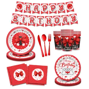 169pcs Mouse Theme Birthday Party Decorations,Cute Catoon Mouse With Red Bow,Includes Paper Plates, Napkins And Cups, Banner Flags, Cutlery, Suitable For Birthday Party Supplies, Baby Shower Decorations- Serves 24 Guests