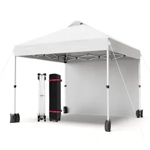 10x10 Pop Up Canopy Tent, Portable Instant Commercial Canopy with 1 Sidewall, Patio Tent with Vented Top Roller Bag 4 Sandbags 4 Ropes and 8 Stakes, White