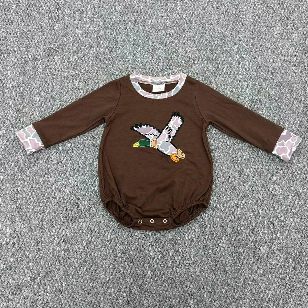 Duck Embroidery Camo Brown Baby Boys Fall Bubble Romper