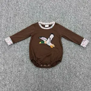 Duck Embroidery Camo Brown Baby Boys Fall Bubble Romper