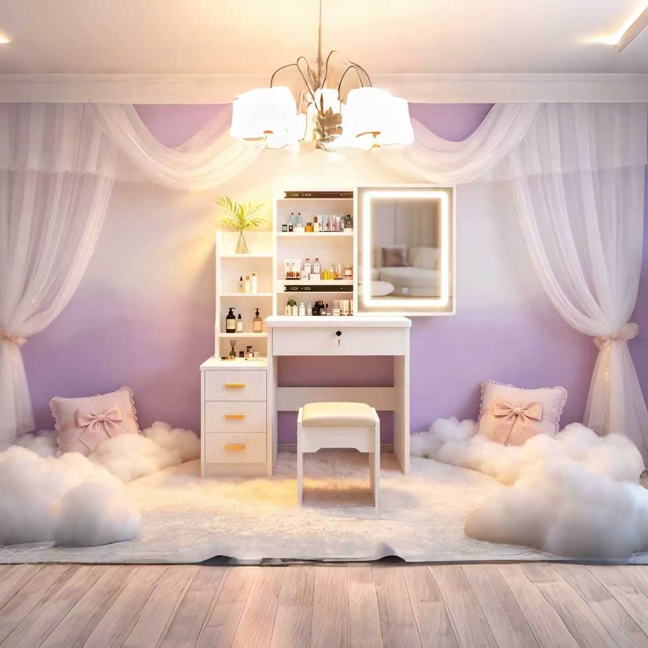 Modern White Vanity Desk with Mirror and Lights 3 Lighting Modes European Style Dressing Table with 4 Drawers & Shelf Makeup Vanity Table for Bedroom Gifts for Girls and Women