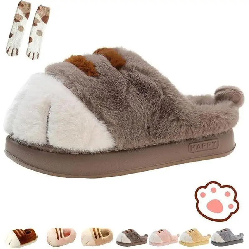 Cozy 3D Cat Paw Slippers for Women – Cute & Furry Cartoon Cat Paw Slides for Winter Indoor & Outdoor Comfort