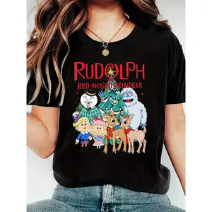RUDOLPH Snowman Reindeer Loose Casual Summer T-Shirt, Everyday Tshirt, Holiday Apparel, Reindeer Design, Round Neck Tee, Stretchy Material, Lightweight Tee, Seasonal Top, Printed Shirt, Holiday Fashion
