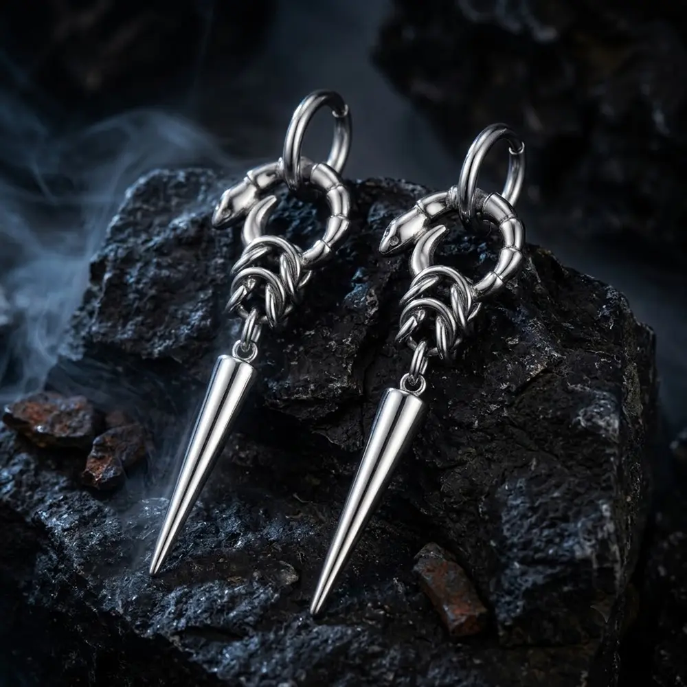 GTHIC Punk Stainless Steel Drop Earrings with Ouroboros & Spike Motifs Mysterious Edgy Unisex Ear Jewelry Rock Shows & Daily Gothic Street Outfits