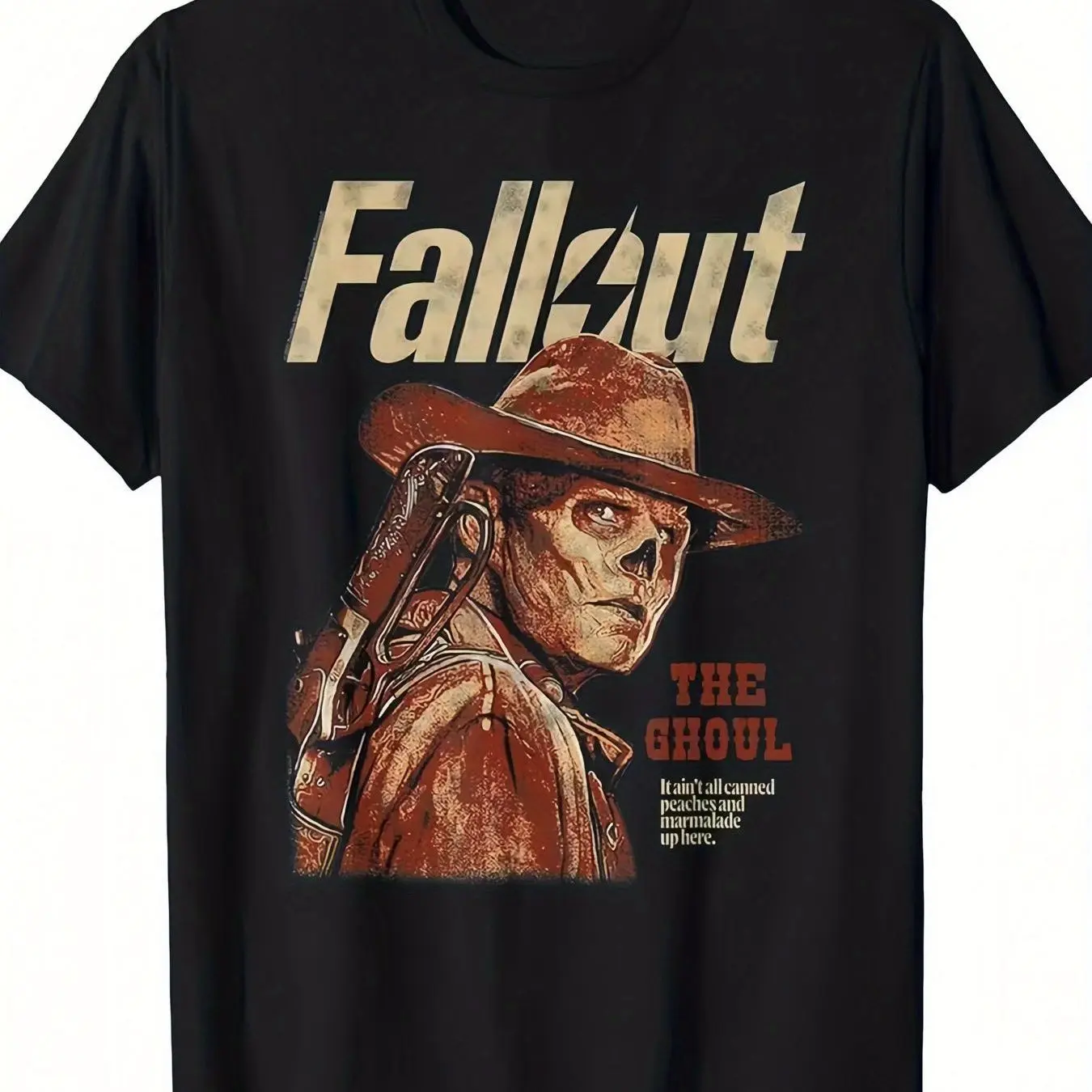 Men's Long Casual Cotton Round Neck Tshirt - Fallout Inspired Black Graphic, Vintage 'The Ghoul' Skull Face Cowboy Hat Character, Post-Apocalyptic Streetwear Top with Fabric & Stretch, Hem Detail for Gaming Enthusiasts, Graphic T Shirts