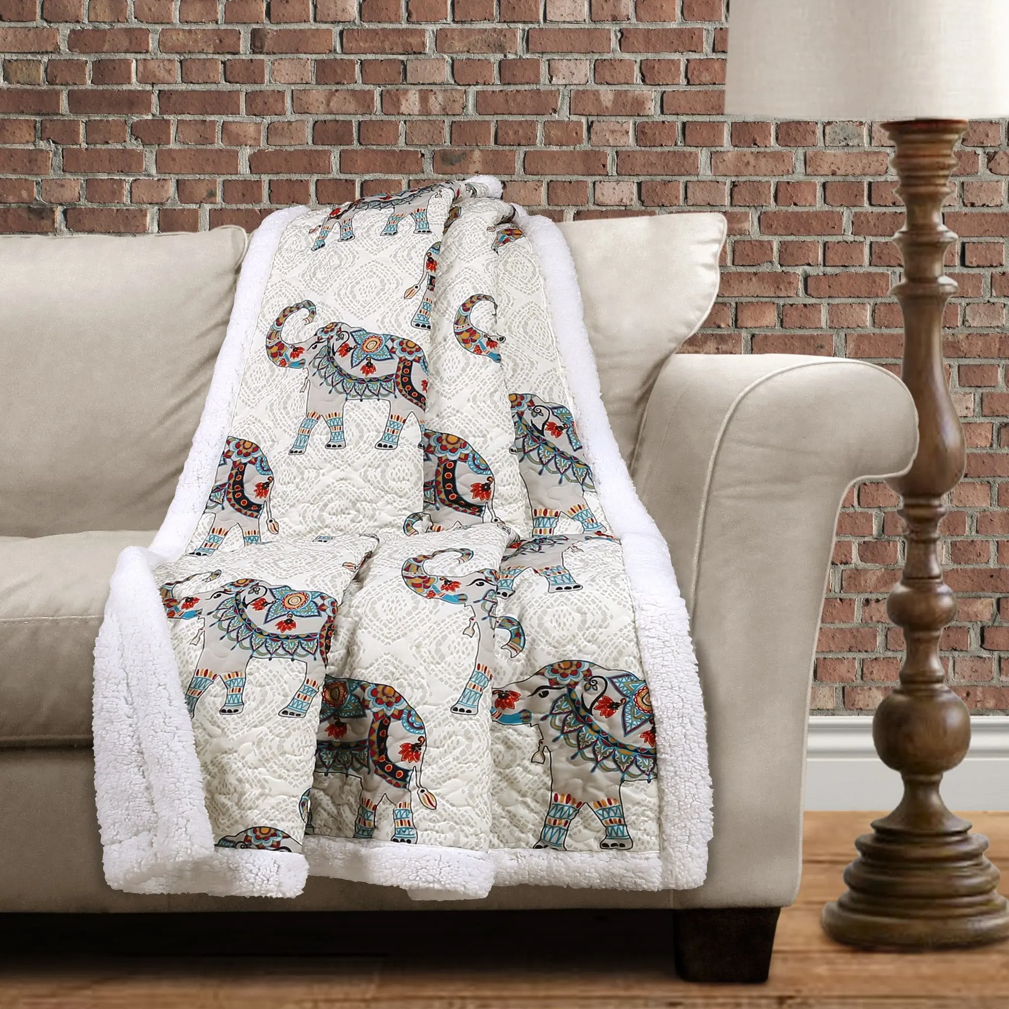 Lush Decor Hati Elephant Print Sherpa Throw Blanket - 60x50in Wool-Blend Coat, Polyester, Quilted Face, Animal Motif, Fluffy, Cozy Warm Blanket, Soft for Adults’ Cuddling