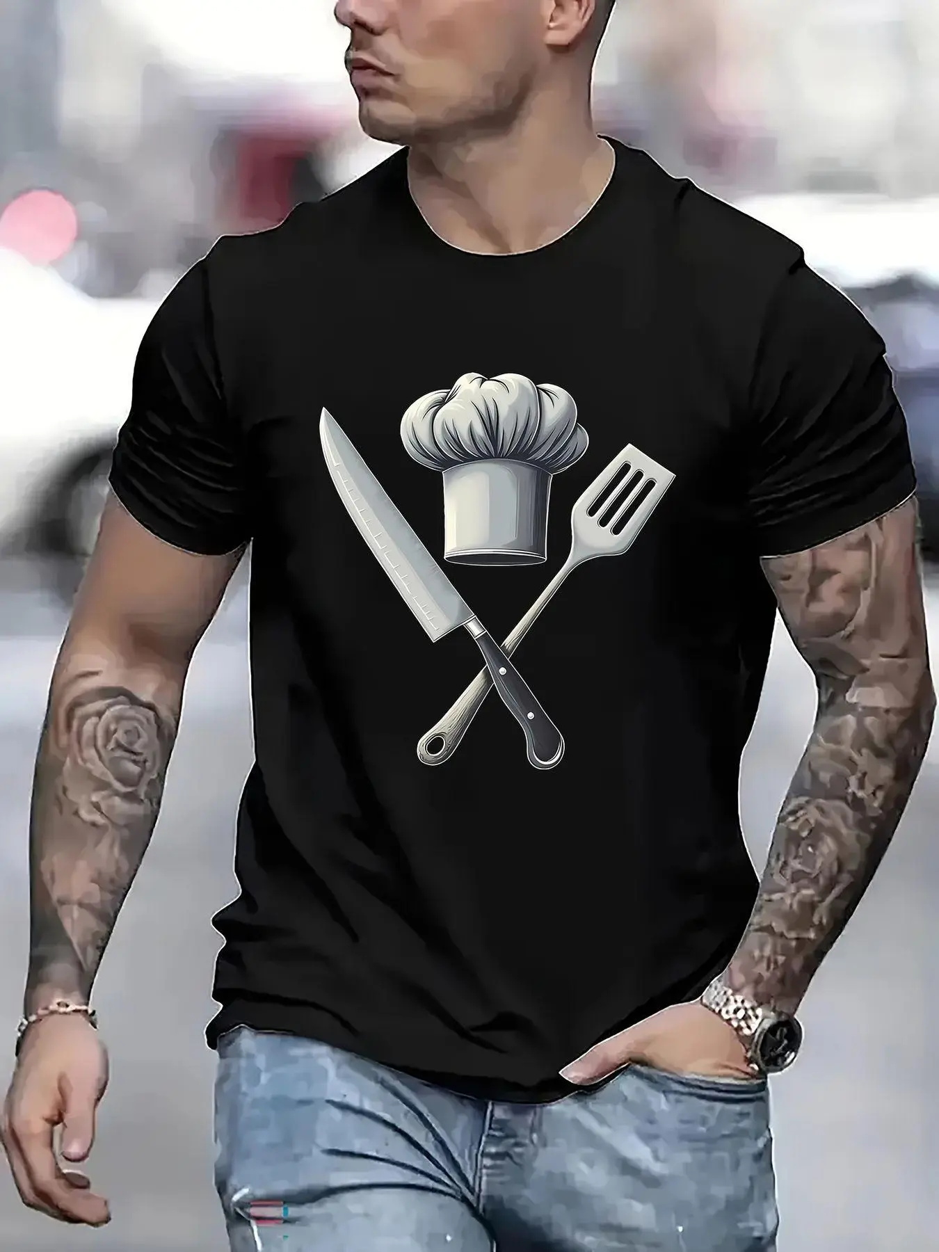Men's Chef Knife & Spatula Graphic T-Shirt - Loose Fit Short Sleeve Crew Neck Tee Suitable for Cooking Enthusiasts, Machine Washable Casual Gift for Chefs, Outdoor & Daily Wear