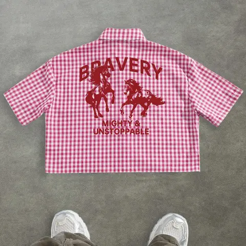 Men's Regular Fit Horse & Letter Graphic Print Short Sleeve Shirt, Casual Printed, Casual Classic Retro Vintage Gingham Shirt for Daily Wear, Fashion Menswear Top for Summer, Casual Summer Clothes