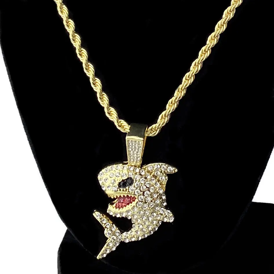 MaxBling81 Shark Shape Cubic Zirconia Pendant Necklace with Metal Coating 4mm 24" Rope Chain Hip Hop Costume Jewelry, Halloween Gift