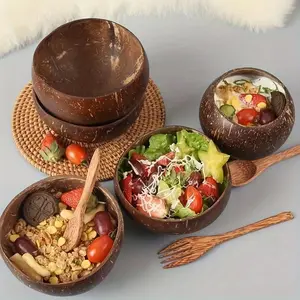 2pcs/Set Include 1 Coconut Bowls and 1 Wooden Spoons, Coconut Bowl and Wooden Spoon Set, Healthy Vegan Salad Bowl Set, Smoothie Bowl, Natural Coconut Bowl, for Home Kitchen Restaurant, Kitchen Supplies, Tableware Accessories, Salad Serving Bowls
