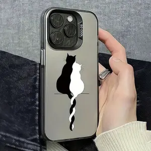Matte Silicone Protective Smartphone Case with Cute Black and White Cat Pattern, Shockproof Camera-Safe Casing, Mobile Phone Accessories for iPhone 15/16/17 Series