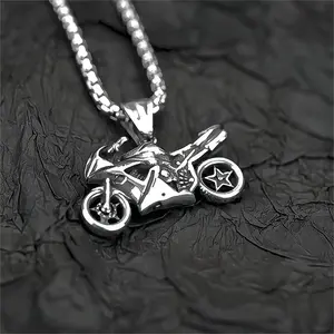 Vintage Sport Motorcycle Pendant Necklace for Men, Stainless Steel Punk Biker Jewelry, Hypoallergenic Gift for Riders