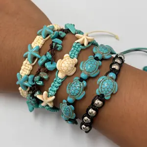 5Pcs Bohemian Women's Handmade Braided Bracelet Set with Turquoise Starfish and Turtle Hand Rope Handmade Bracelet Set Retro Bracelet Set for Women Daily Wear Jewelry Gift