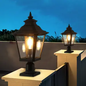 21"(H) 2-Pack Outdoor Post Lantern Light – Vintage Black Metal & Clear Glass Pillar Lamp for Garden, Gate, Driveway, and Pathway Lighting with Elegant Design (Bulb Not Included) outdoor solar post light outdoor light lamp batter  powered  lighting