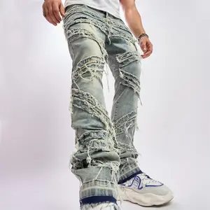 Streetwear Men Stylish Vintage Patch Splicing Straight Biker Jeans Pants Male Slim Casual Denim Trousers