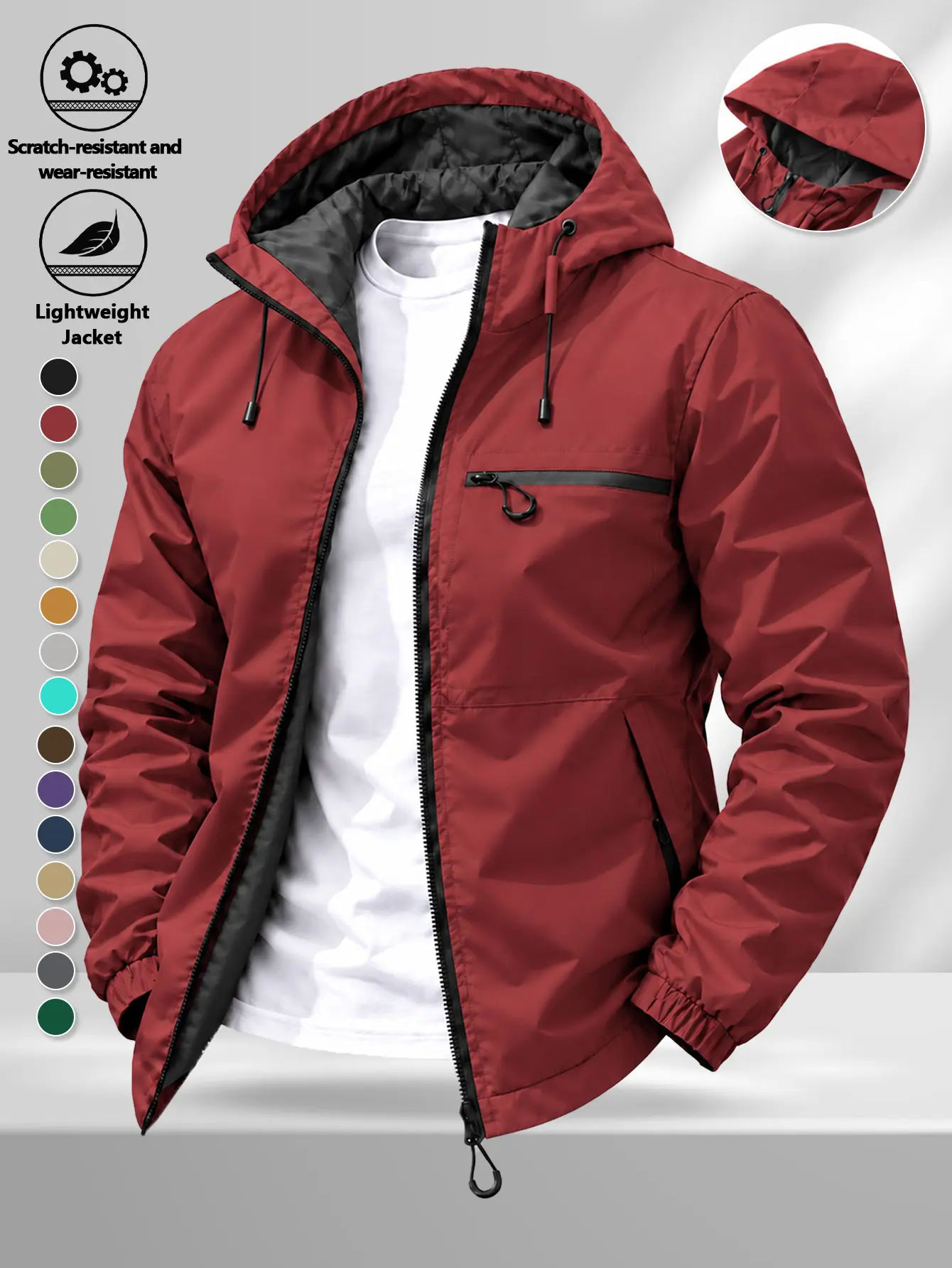 Men's Hooded Windbreaker Jacket Solid Color Drawstring Lightweight Outdoor Zip Up Casual Coat