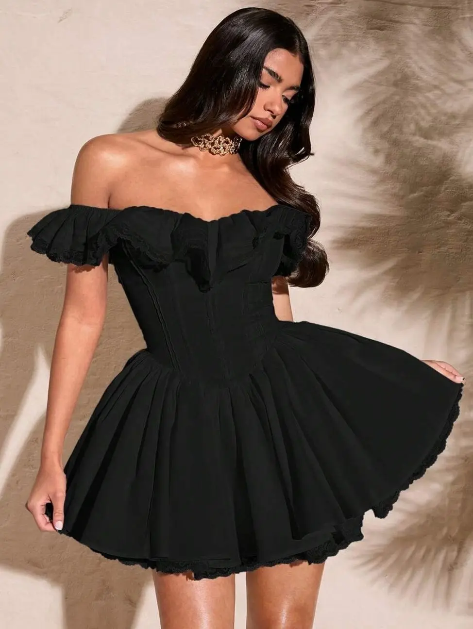 Summer White Sexy & Sweet Off-Shoulder Ruffled Floral Sleeve Solid Color Lace Trim Flare Hem Sweet Lady Dress