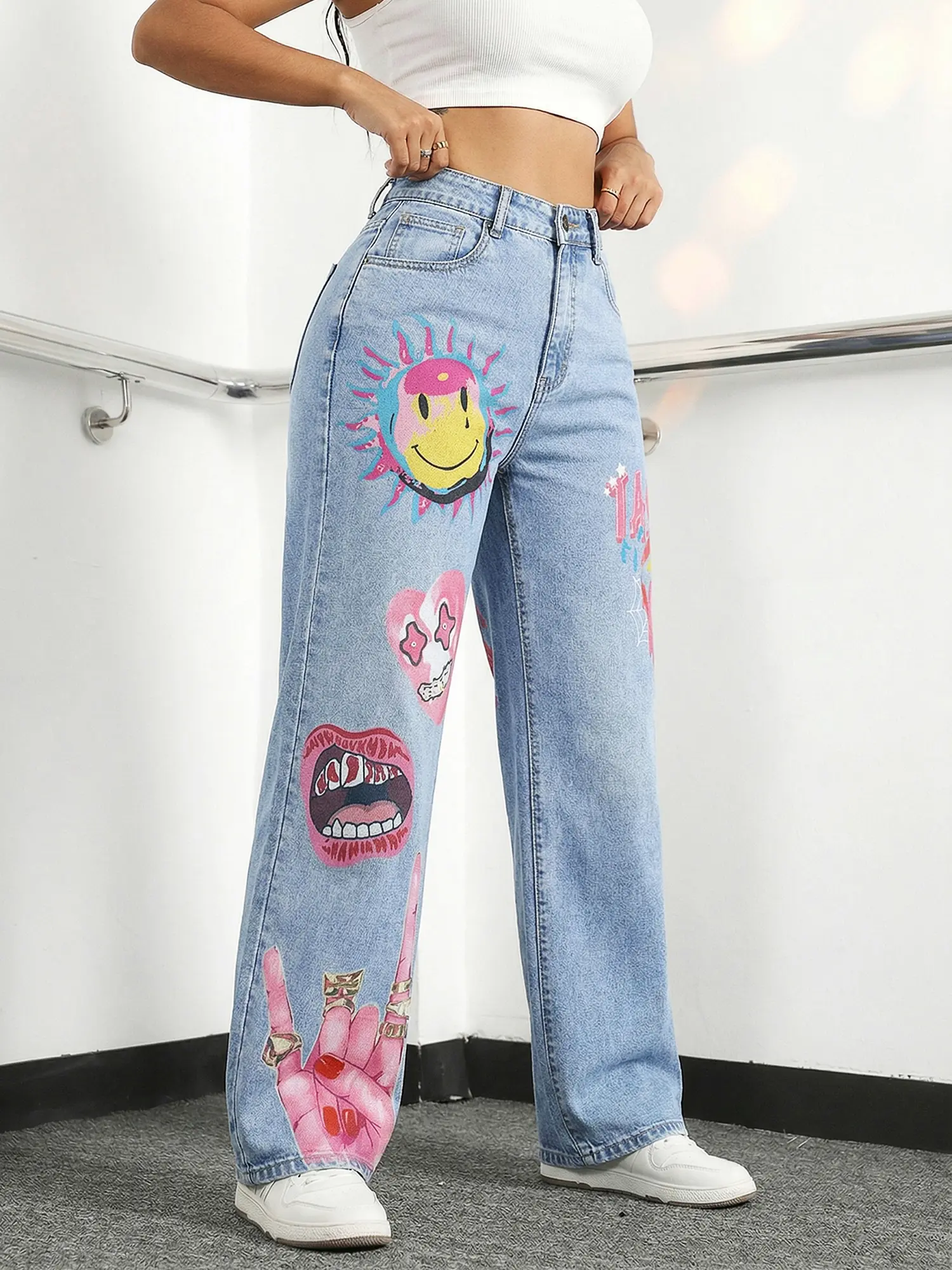 Jr Jeanius Wear Women's High Waist High Stretch Vintage Blue Denim Bottoms Button Y2K Fly Closure, Printed (Plaid, Star, Heart), Slim Fit Seam Detail Straight Wide Leg Jorts, Push Up Figure Pearl Cotton,Light Wash, Summer Streetwear Casual Outfits Jeans