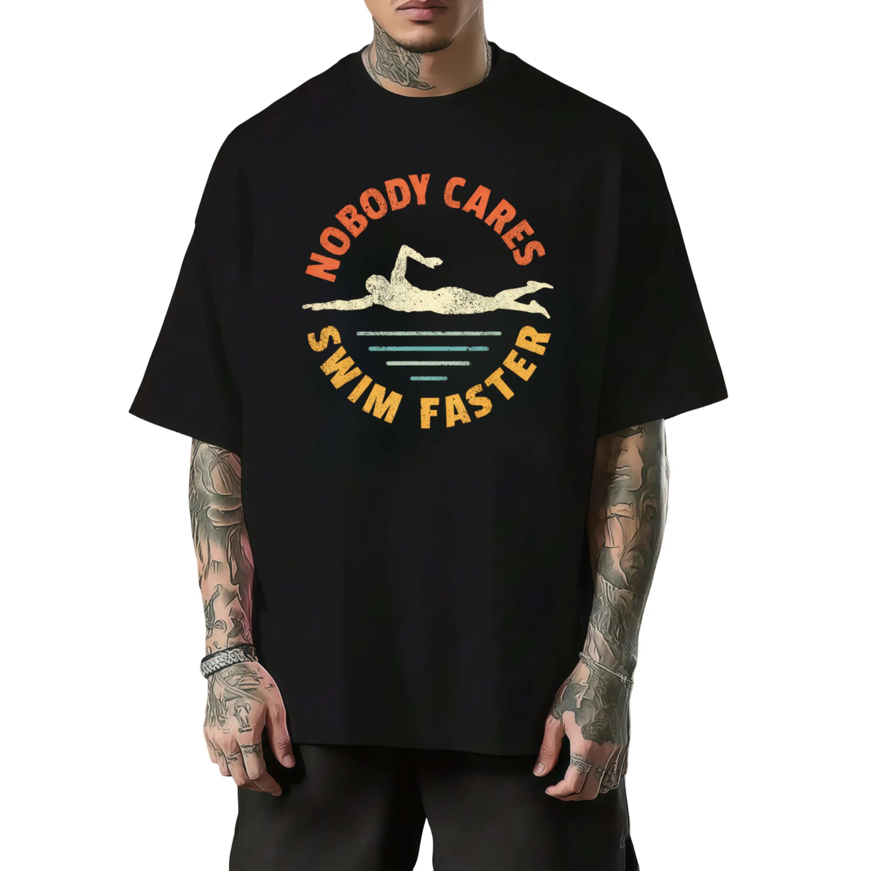 Men's Retro Swim Team Graphic T-Shirt - Vintage Swimming Design with "Nobody Cares Swim Faster" Slogan & Diving Diver Print - Comfortable Round Neck Short Sleeve Tee for Swim Practice, Coaching, Casual & Outdoor Activities