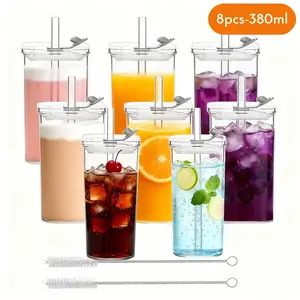 8-Piece Modern Square Ribbed Glass Tumblers with Lids & Straws | Versatile Clear Drinkware for Coffee, Juice & Cocktails | Perfect Mother’s Day Gift & Must-Have Home Bar Essentials