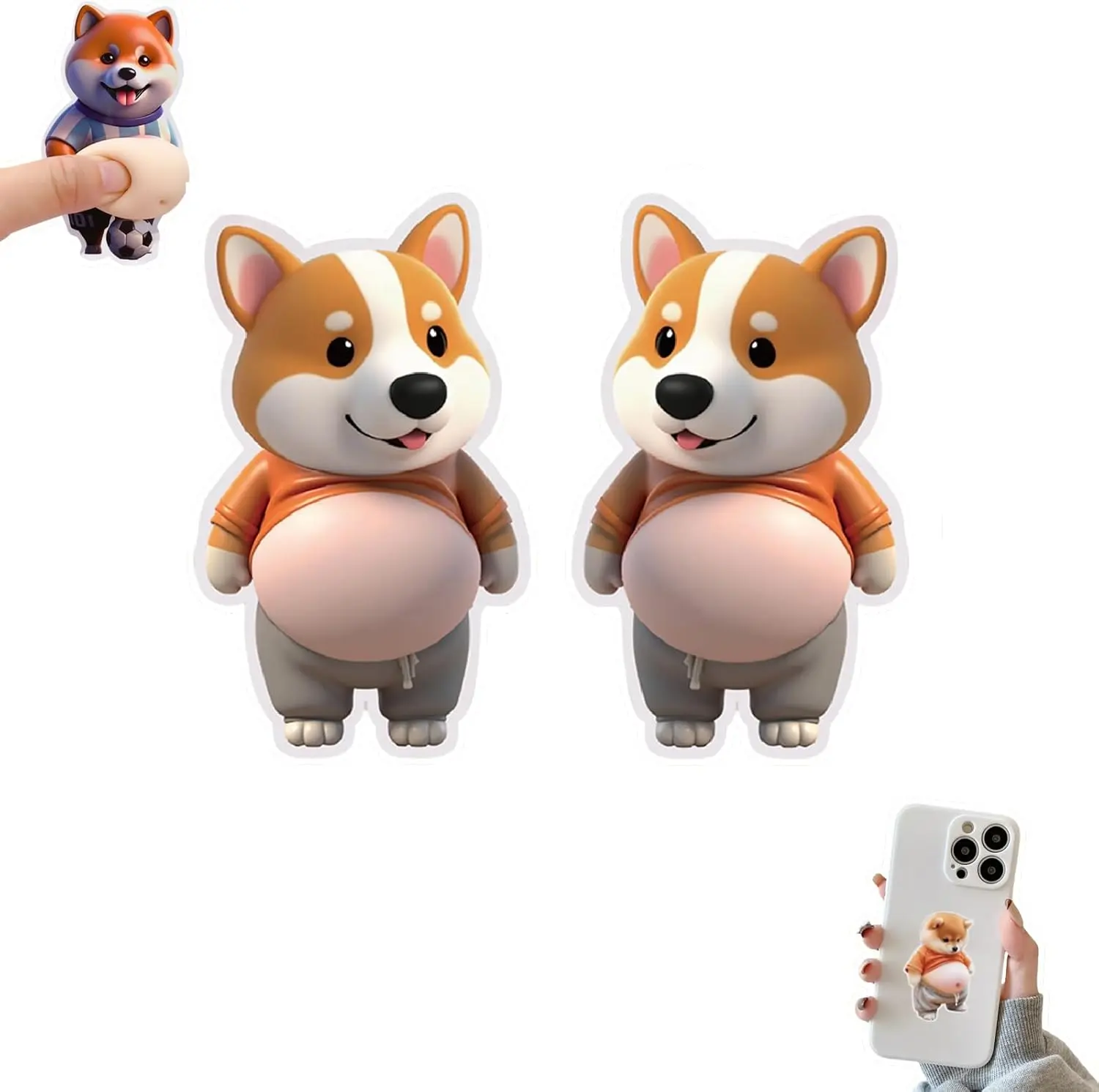6Pcs Fluffy Shiba Inu 3D Dog & Cat Belly Mochi Squishies Silicone Stickers - Stress Relief Fidget Squeeze Toys, Device Protection Accessories, Kids' Party Favors, Smile, Cellphone