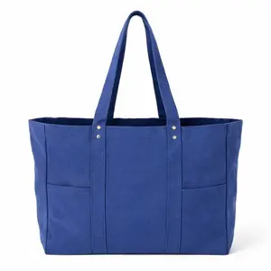 Large Canvas Tote Bag with Exterior Pockets, Large Capacity Shoulder Bag for Work, Travel, Shopping, Beach, Everyday Use