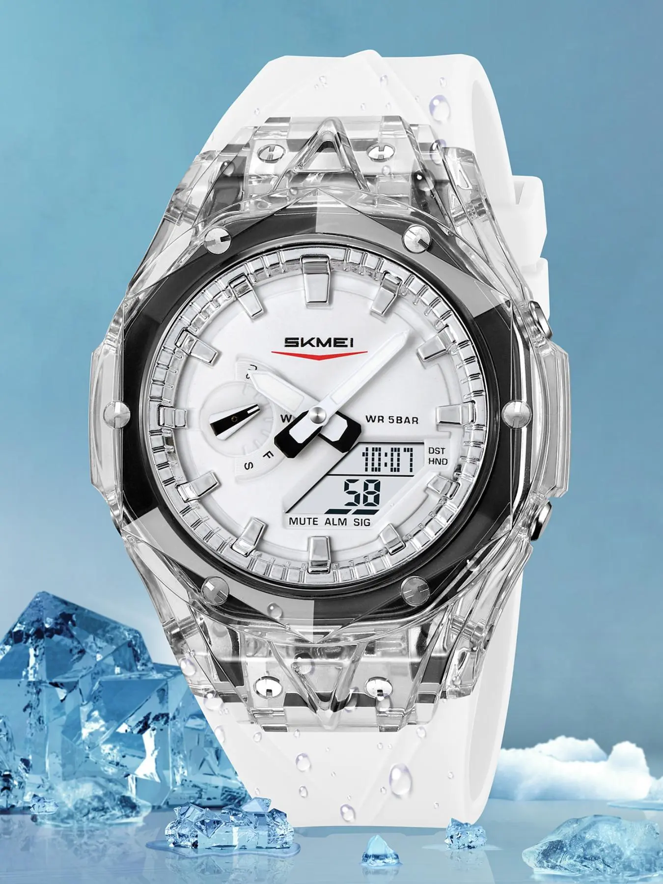 Skmei Fashion Transparent Watch, Dual Display Sports Watch, analog digital watch, Waterproof Quartz Watch, 5atm Waterproof World Time, Silicone Strap, Comfortable Wear, All Seasons, Waterproof Wristwatch, Quartz Wristwatches