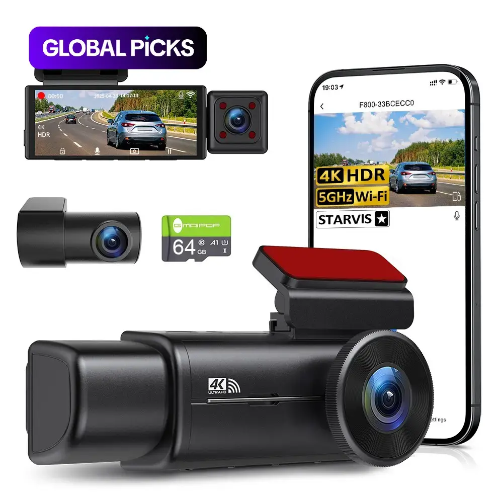 4K Front + 1080p Interior + 1080p Rear Triple Dash Cam, 3‑Inch IPS Screen Car Dash Camera with Night Vision, Loop Recording, G‑Sensor and Parking Mode (Hardwire Kit Required), 64 GB Card Included, Wi‑Fi Dashcam #GLOBAL PICKS