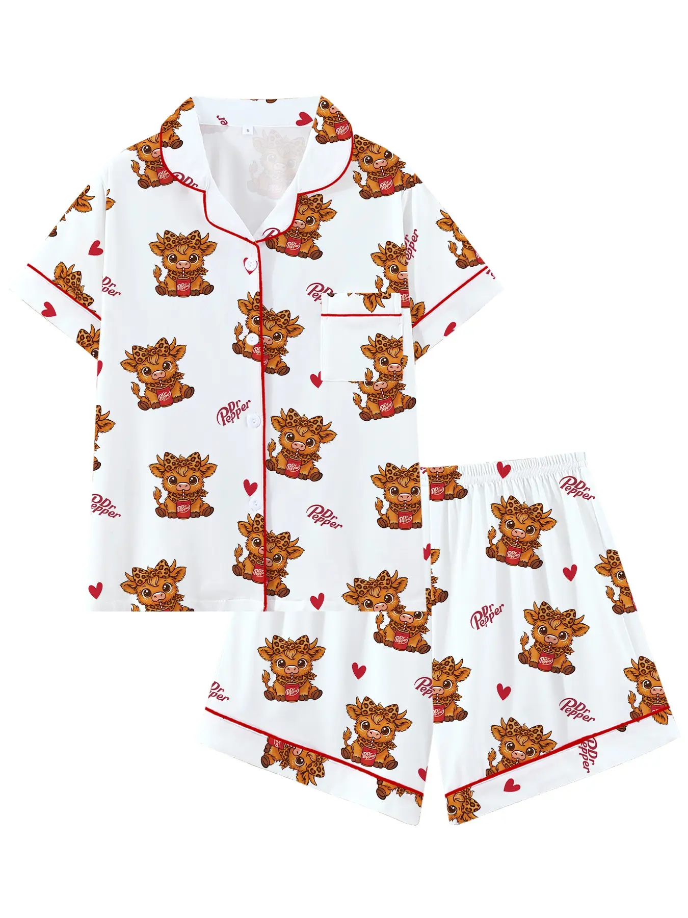 Teen Girls Cute Leopard cow  dr Pepper Pattern Short Sleeve Sleepwear Set, Loose Fitting Sleepwear, Cartoon Print Loose Soft Pajama Outfit, Loose Fit All Season Comfortable Pajamas, Perfect Gift Idea