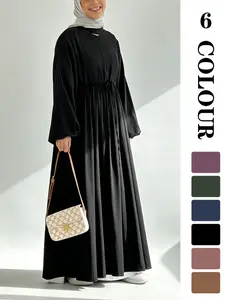 Women's Solid Color Belted Arabian Dress, Elegant Long Sleeve Round Neck Dress for Daily Wear, Ladies Islamic Clothing for All Seasons, Modest Abaya Dress