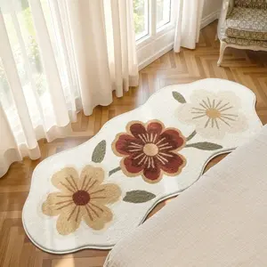 Retro floral pattern beige irregular carpet Decorative Rug European and American pastoral style bedroom living room plush soft thickened non-slip washable carpet, Washable Area Rug, Machine Washable Rug, Botanical Area Rugs