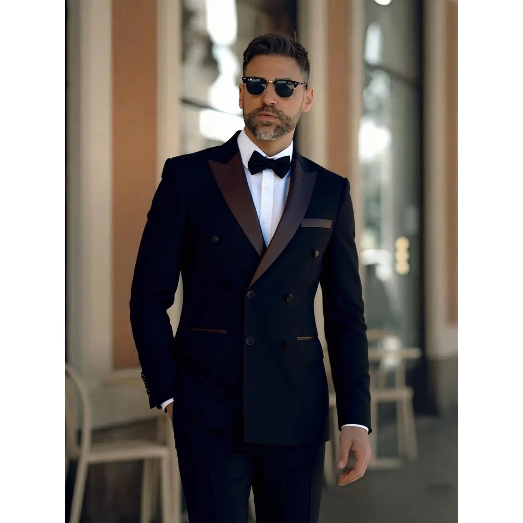 Men's Tuxedo, Classic Double-Breasted 2-Piece Set in Solid Black, Versatile Formal Wear with Jacket & Straight-Leg Pants, Men's Outfit Sets, Suit, Fitted, Wedding, Preppy