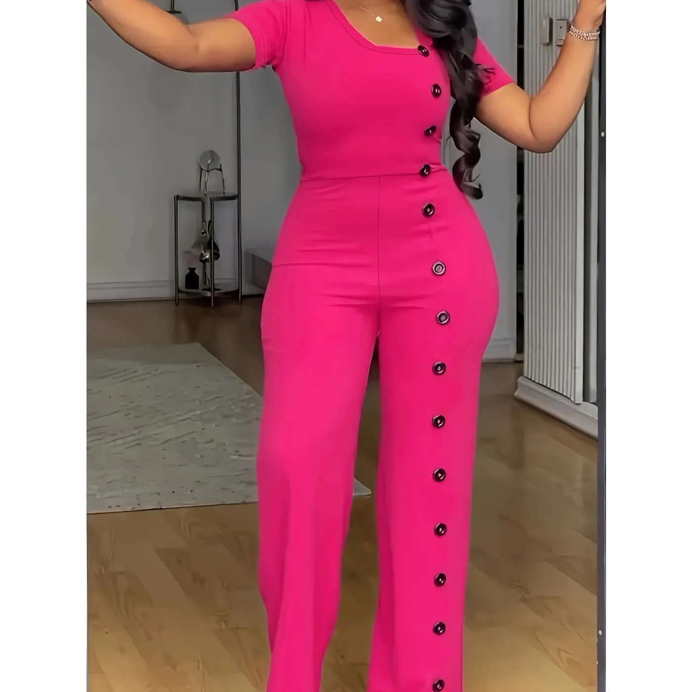 Formal Short Sleeve Buckle Office Women's Straight Jumpsuit