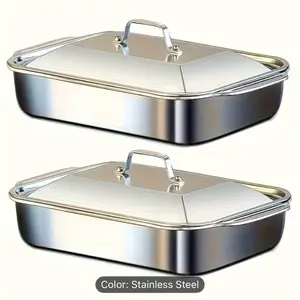 4-piece Set: 2 Deep Pans and 2 Lidded Pans with Handles, Stainless Steel Rectangular Baking Pans with Steel Lids - 6-liter Large Capacity, 16.14-inch Deep Baking Pan, Fish Pan, Roasting Pan, Lasagna Pan, Chicken, Dishwasher Safe, Gift for Men