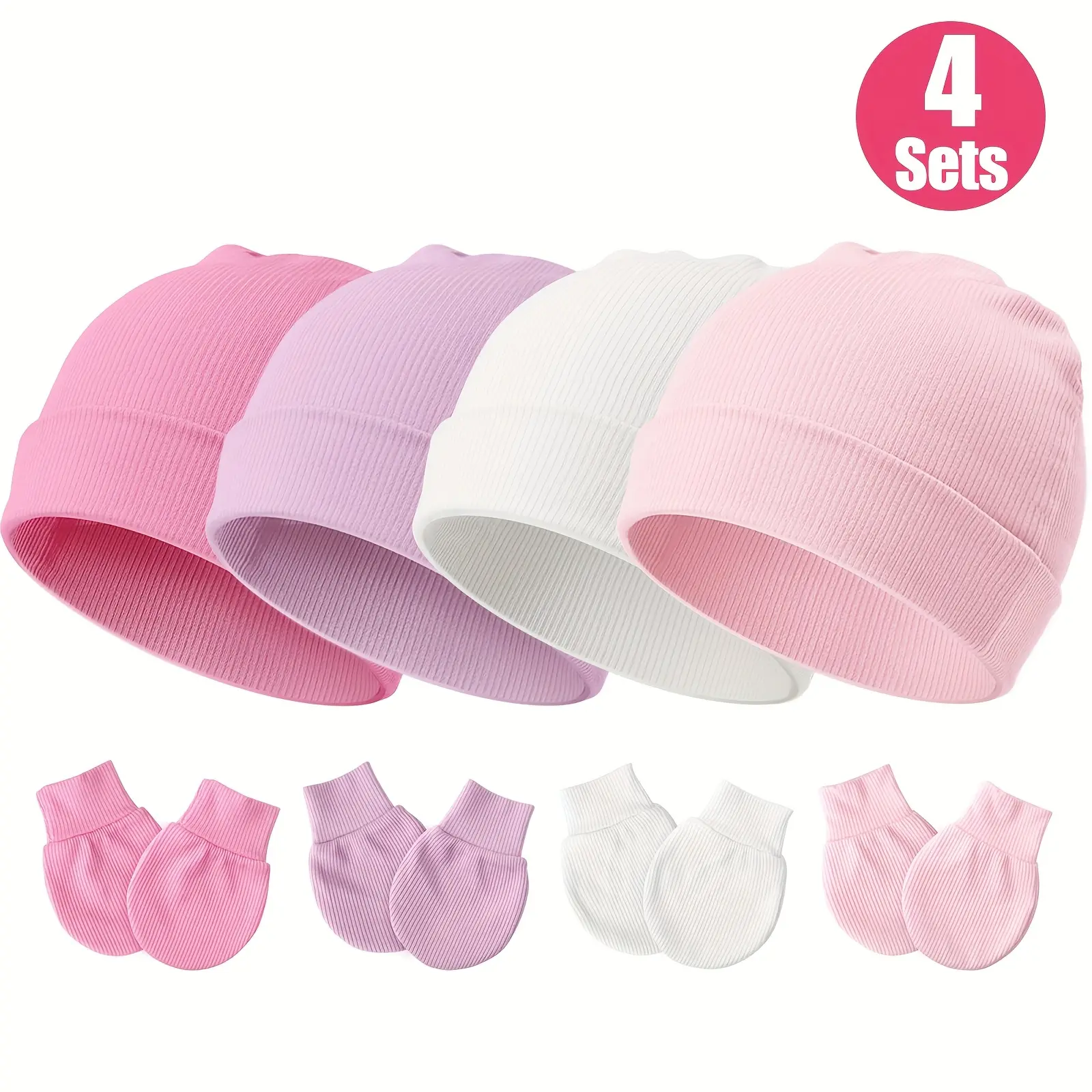 4pcs set of baby hats and anti-scratch gloves, perfect for daily wear. A comfortable and soft fabric gift suitable for newborns aged 0-6 months