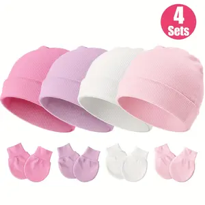 4-piece set of baby hats and scratch-resistant gloves for daily wear. Suitable for 0-6 month old newborns with comfortable and soft fabric