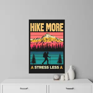 Hike More, Stress Less Wall Decal - Outdoors Themed Hiking Poster, Inspirational Home Decor, Mountain Wall Art, Adventure Nursery Decal,