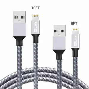 212 MAIN Mobile Smartphone Cellphone Charger & Syncing Cable with Lightning Connector, 6-10 ft, White & Grey, Alloy Aluminium Construction, iPhone Compatible, 2.4A Max - Pack of 2